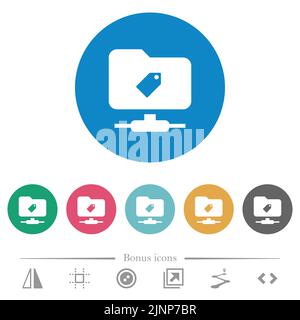 Marquage FTP des icônes blanches plates sur des arrière-plans de couleur ronde. 6 icônes bonus incluses. Illustration de Vecteur