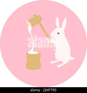 Lapin faisant des gâteaux de riz à l'aide d'un pilon et d'un mortier, étirant des gâteaux de riz, des icônes rondes roses. Illustration de Vecteur