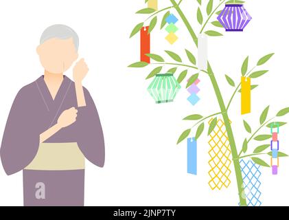 Femme âgée de yukata, regardant une branche de bambou de Tanabata, image de Tanabata Illustration de Vecteur