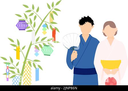 Festival de Tanabata, hommes et femmes dans yukata contemplant les décorations de Tanabata. Illustration de Vecteur