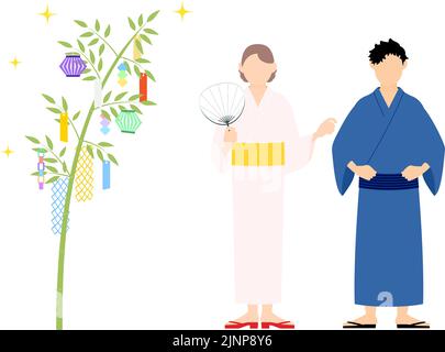 Festival de Tanabata, hommes et femmes dans yukata contemplant les décorations de Tanabata. Illustration de Vecteur