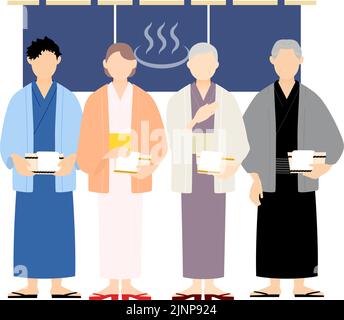 Onsen voyage, famille dans yukata tenant seau en bois. Illustration de Vecteur