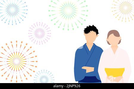 Festival d'été, hommes et femmes dans yukata regardant les feux d'artifice. Illustration de Vecteur