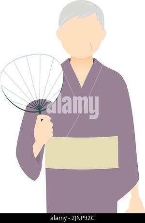 Femme âgée dans yukata, Fanning le ventilateur, image de températures plus froides. Illustration de Vecteur