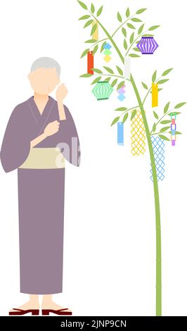 Femme âgée de yukata, regardant une branche de bambou de Tanabata, image de Tanabata Illustration de Vecteur