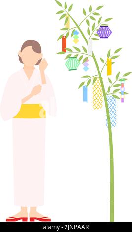 Femme dans yukata, regardant une branche de bambou Tanabata, image de Tanabata Illustration de Vecteur