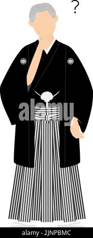 Un homme âgé dans un kimono, portant un hakama à crête, a des doutes Illustration de Vecteur