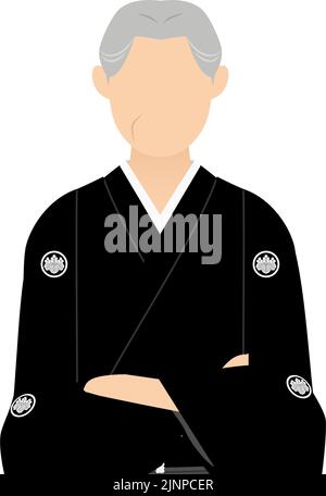 Un homme âgé dans un kimono, portant un hakama à crête, plie les bras Illustration de Vecteur