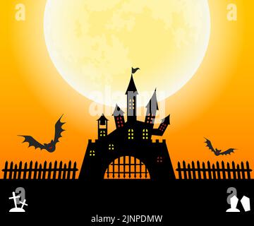 Bannière Halloween (commune pour PC et smartphones), château et chauves-souris, pleine lune et cimetière Illustration de Vecteur