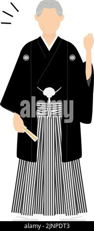 Un homme âgé dans un kimono, portant un hakama à crête, frappe une pose de goys Illustration de Vecteur