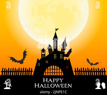 Bannière Halloween (commune pour PC et smartphones), château et chauves-souris, pleine lune et cimetière Illustration de Vecteur