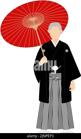 Un homme âgé dans un kimono, portant un hakama à crête, posant avec un parapluie Illustration de Vecteur