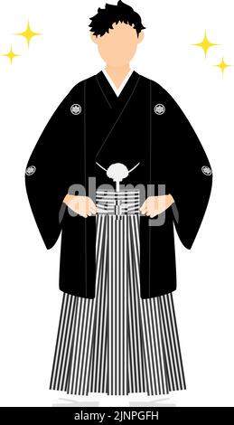 Un homme en kimono, portant un hakama à crête, pose avec les mains sur les hanches (avec paillettes) Illustration de Vecteur