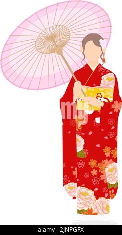 Une femme dans un kimono, portant un furisode (kimono à manches longues) se trouve sous un parapluie Illustration de Vecteur