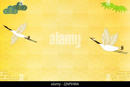Crane, Pine et Bamboo Gold Leaf fond japonais Illustration de Vecteur