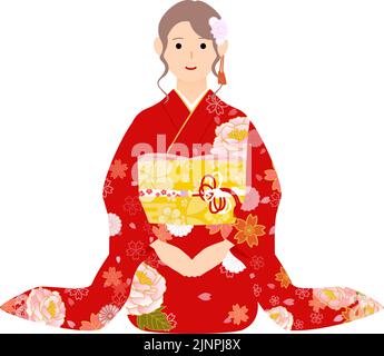 Une femme en kimono (furisode) assise sur le sol salue le nouvel an Illustration de Vecteur