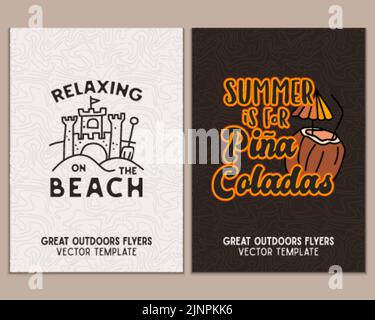 Modèles de circulaire de Camping. Affiches d'aventure de voyage avec art de ligne et emblèmes plats et citations - détente sur la plage. Cartes été A4 pour l'extérieur Illustration de Vecteur