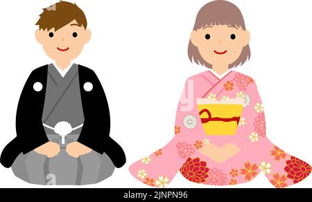 Garçon et fille à Kimono (Montsuki Hakama et Furisode) assis à Seiza pour saluer le nouvel an Illustration de Vecteur