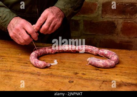 Mains travaillant sur l'élaboration de saucisses, l'abattage traditionnel argentin. Banque D'Images