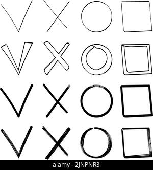 Un ensemble de tiques, de croix, de cercles et de carrés, de gribouillages dessinés à la main. Sélection. Marquage. Liste de contrôle Illustration de Vecteur