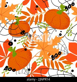 Motif sans couture de citrouilles d'orange stylisées, de feuilles d'automne et de toiles d'araignée abstraites sur un fond clair. Lettres manuscrites boo. Halloween. Automne. Illustration de Vecteur