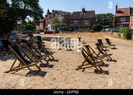 Wimbledon Londres, Royaume-Uni. 13 août 2022 . Vider les transats sur l'herbe brune séchée de Wimbledon Common . Le met Office a émis un avertissement de chaleur extrême ambre à travers l'Angleterre et le pays de Galles, qui dure le reste de la semaine, lorsque les températures devraient dépasser 30Celsius alors que le sort le plus sec en Angleterre pendant 46 ans se poursuit et qu'une sécheresse a été officiellement déclarée par l'Agence pour l'environnement.Credit. amer ghazzal/Alamy Live News Banque D'Images