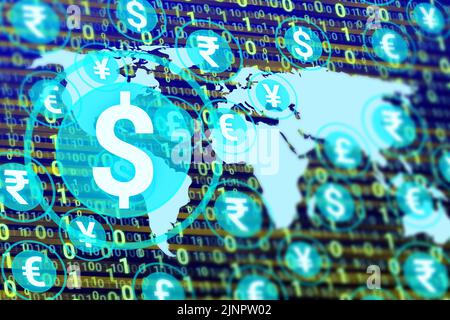 Icône numérique du dollar isolée sur d'autres devises, carte du monde et chiffres. Concept pour le taux, la demande et la popularité du dollar dans le monde. Banque D'Images
