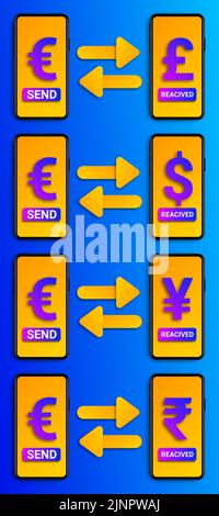 envoyez l'euro pour recevoir le dollar, la roupie, le yen et la livre au téléphone. concept pour exange, transfert d'argent esy, et service de devise mondiale. Banque D'Images