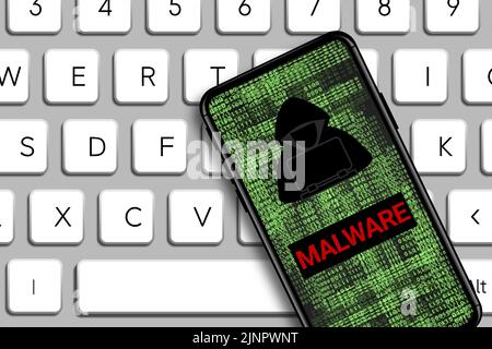 Mot malware et icône Hacker dans le téléphone mobile avec des numéros de code numériques. Concept pour les nouvelles applications avancées recueillir toutes les données de l'utilisateur téléphone. Hacki Banque D'Images