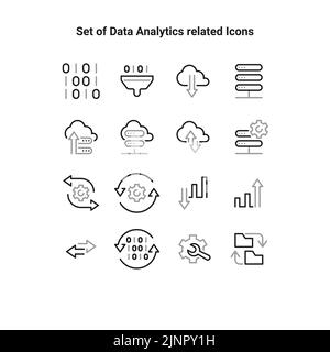 Jeu d'icônes Thin Line d'analyse Big Data. Pictogrammes de traitement des données pour l'interface utilisateur graphique du site Web et de l'application mobile. Analyse numérique interface utilisateur simple, icônes vectorielles UX. Illustration de Vecteur