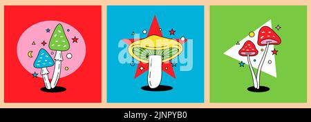 Ensemble de silhouette de champignon. Différentes affiches avec des champignons exotiques. Illustration de champignons psychédéliques. Imprimés champignons pour t-shirts ou autocollants. Illustration de Vecteur