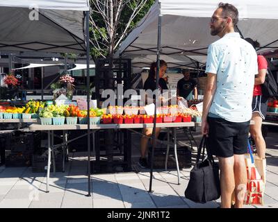 Scènes du marché agricole de Lansdowne place. Les acheteurs qui ont des sacs dans une cabine de produits. Ottawa, ON, Canada Banque D'Images