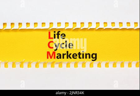 Symbole marketing du cycle de vie LCM. Concept mots LCM cycle de vie marketing sur papier jaune sur un beau fond blanc. Marque de cycle de vie de l'entreprise et du LCM Banque D'Images