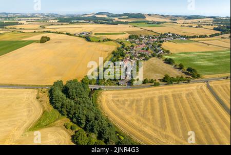 Ladybank, Fife, Écosse, Royaume-Uni. 13th août 2022. SEPA, l'agence écossaise de protection de l'environnement, va introduire la première interdiction de l'eau en Écosse à minuit ce soir. Le SEPA a déclaré qu'il était obligé de prendre des mesures drastiques comme en raison des conditions les plus sèches de l'est de l'Écosse depuis 80 ans. Le SEPA, l'organisme de surveillance de l'environnement, a déclaré qu'il avait été forcé de prendre des mesures d'urgence après certaines des conditions les plus sèches depuis 80 ans dans l'est de l'Écosse. Les agriculteurs seront interdits d'extraire de l'eau de la rivière Eden à Fife, bien que des exceptions puissent être faites pour les producteurs de fruits tendres. Pic ; vue des champs environnants Banque D'Images