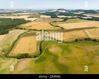 Ladybank, Fife, Écosse, Royaume-Uni. 13th août 2022. SEPA, l'agence écossaise de protection de l'environnement, va introduire la première interdiction de l'eau en Écosse à minuit ce soir. Le SEPA a déclaré qu'il était obligé de prendre des mesures drastiques comme en raison des conditions les plus sèches de l'est de l'Écosse depuis 80 ans. Le SEPA, l'organisme de surveillance de l'environnement, a déclaré qu'il avait été forcé de prendre des mesures d'urgence après certaines des conditions les plus sèches depuis 80 ans dans l'est de l'Écosse. Les agriculteurs seront interdits d'extraire de l'eau de la rivière Eden à Fife, bien que des exceptions puissent être faites pour les producteurs de fruits tendres. Pic ; vue des champs environnants Banque D'Images