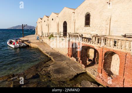 Vues panoramiques de la Stabilimento Fiorio (ancienne usine de thonidés), dans l'île de Favignana, province de Trapani, Italie. Banque D'Images