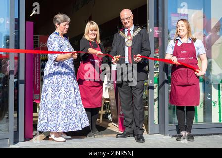 Ouverture officielle d'un nouveau magasin de bricolage à Southend on Sea, Essex, Royaume-Uni. Le maire de Southend, le conseiller Kevin Robinson, à la cérémonie de découpe du ruban Banque D'Images