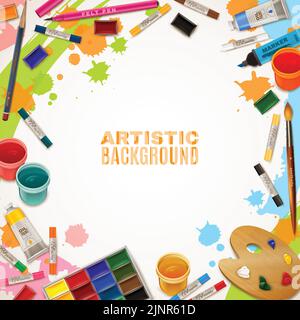Arrière-plan artistique avec blanc vide pour le texte au centre et les éléments décoratifs autour de représenter les fournitures d'art pour les peintures vecteur illustrati Illustration de Vecteur