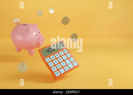 Calculatrice avec le texte 40% de réduction sur l'écran à côté d'une banque de pigeons et des pièces avec l'espace de copie. 3d illustration. Banque D'Images