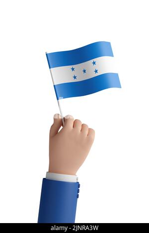 Main de dessin animé avec le drapeau du Honduras isolé sur fond blanc. 3d illustration. Banque D'Images