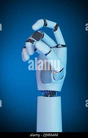 Main robotique tenant un microprocesseur. 3d illustration. Banque D'Images