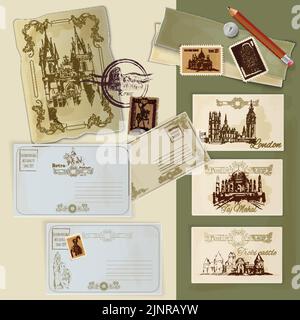 Ensemble de cartes postales vintage dessinées à la main avec modèle de scrapbooking World Landmarks illustration vectorielle Illustration de Vecteur