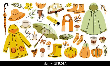 Collection automne. Dessins animés icônes d'automne, vêtements confortables parapluie imperméable feuilles et aliments chauds pour la saison d'automne. Ensemble d'automne Vector Hello Illustration de Vecteur