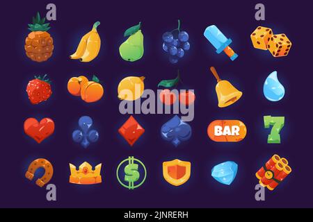 Icônes de rainure. Symboles de casino brillant de dessin animé pour la machine à sous et le jeu, coeur cerisier couronne fruits barre de diamant et dollar coloré symboles Illustration de Vecteur