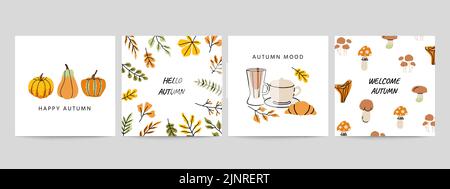 Affiches d'automne. Carte de vœux et invitation pour la fête de Thanksgiving, symboles ruraux confortables minimalistes, vibes d'automne. Ensemble de bannières vectorielles Illustration de Vecteur