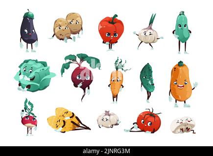 Caractères végétaux. Caricature mascottes fraîches et fraîches avec visages drôles mains et jambes, jardin heureux enfants clipart. Vecteur pomme de terre oignon tomate Illustration de Vecteur