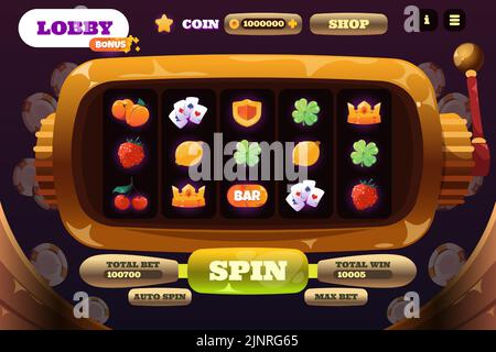 Machine à sous. Interface utilisateur de l'application Web de casino en ligne de dessin animé, écran de jeu de pari avec éléments d'interface et icônes brillantes et colorées de dessin animé et boutons. Vecteur Illustration de Vecteur
