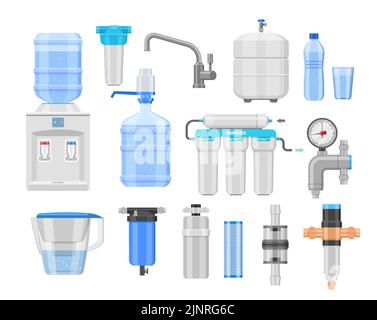 Purificateur d'eau. Filtration de nettoyage et traitement antibactérien de l'eau, équipement de purification à domicile avec vanne de filtres et réservoir d'eau. Vecteur isolé Illustration de Vecteur