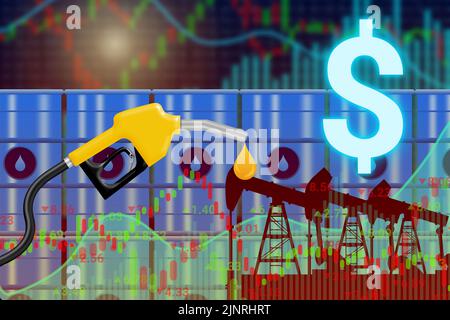 prix du pétrole, de l'essence, du gaz et du pétrole en dollars concept avec réservoir d'huile, buse d'essence, graphiques et nombres de haut en bas. Banque D'Images