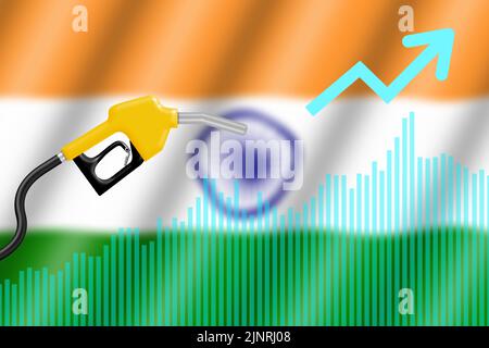 Hausse quotidienne du prix de l'essence en arrière-plan avec graphique et drapeau national de l'Inde. Banque D'Images